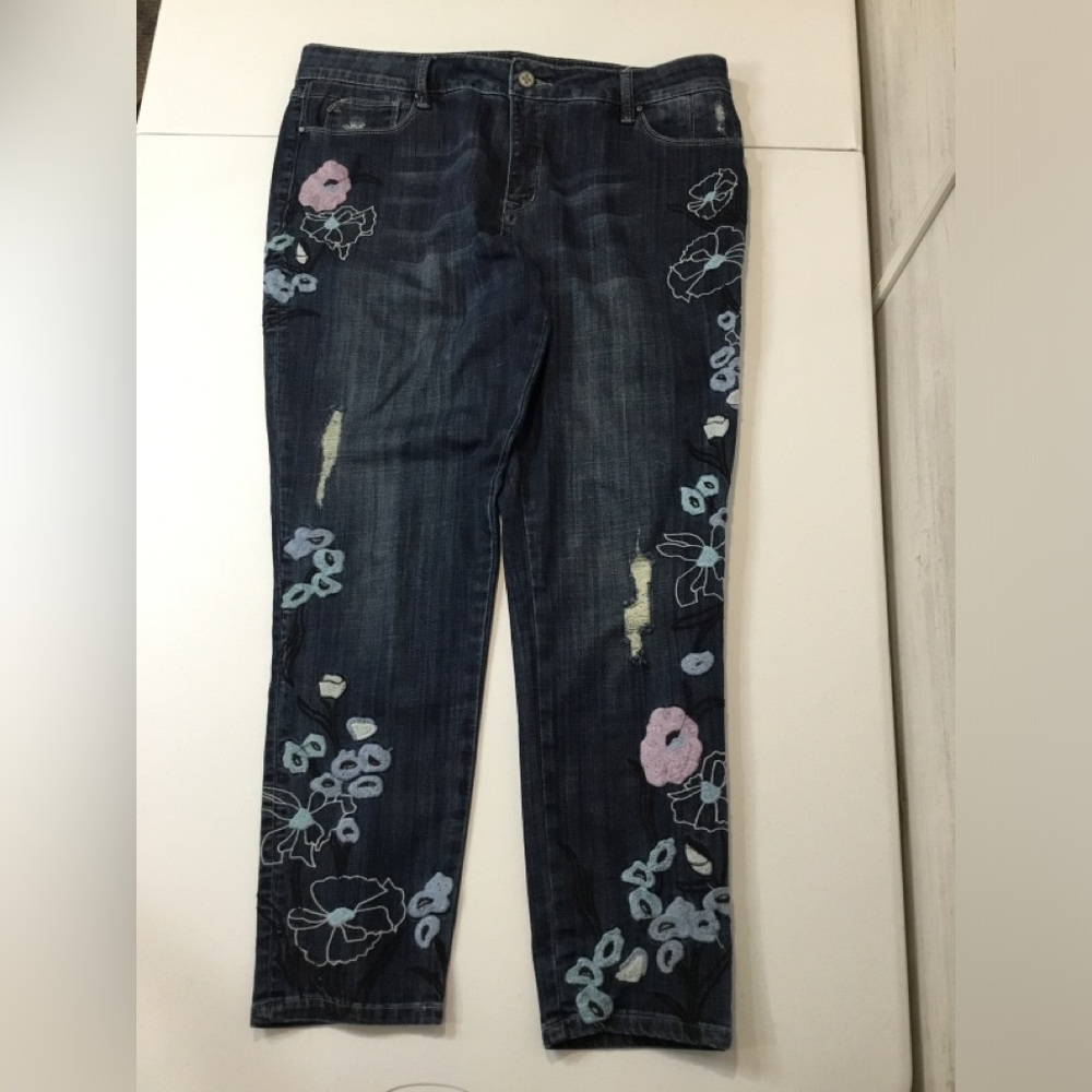 Laurie Felt Dark Wash Straight Leg Jeans with Pastel Floral Embroidery